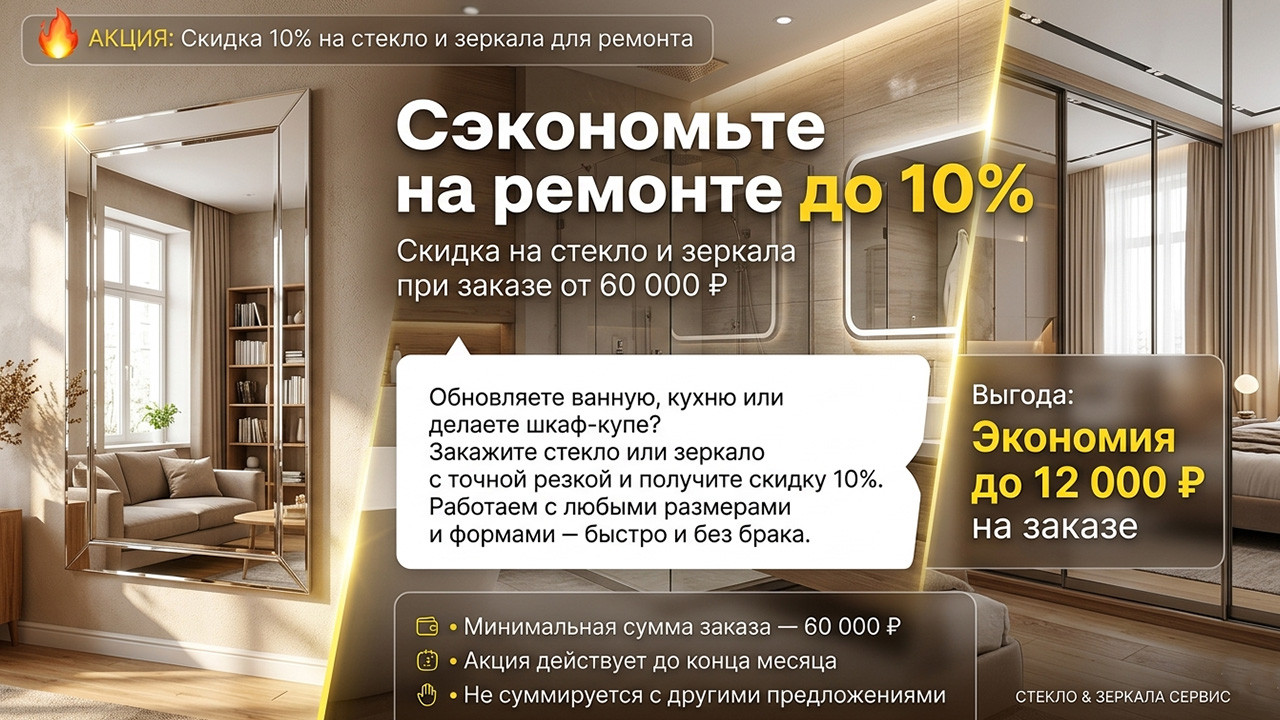 Баннер склидка 10% на стекло и зеркала
