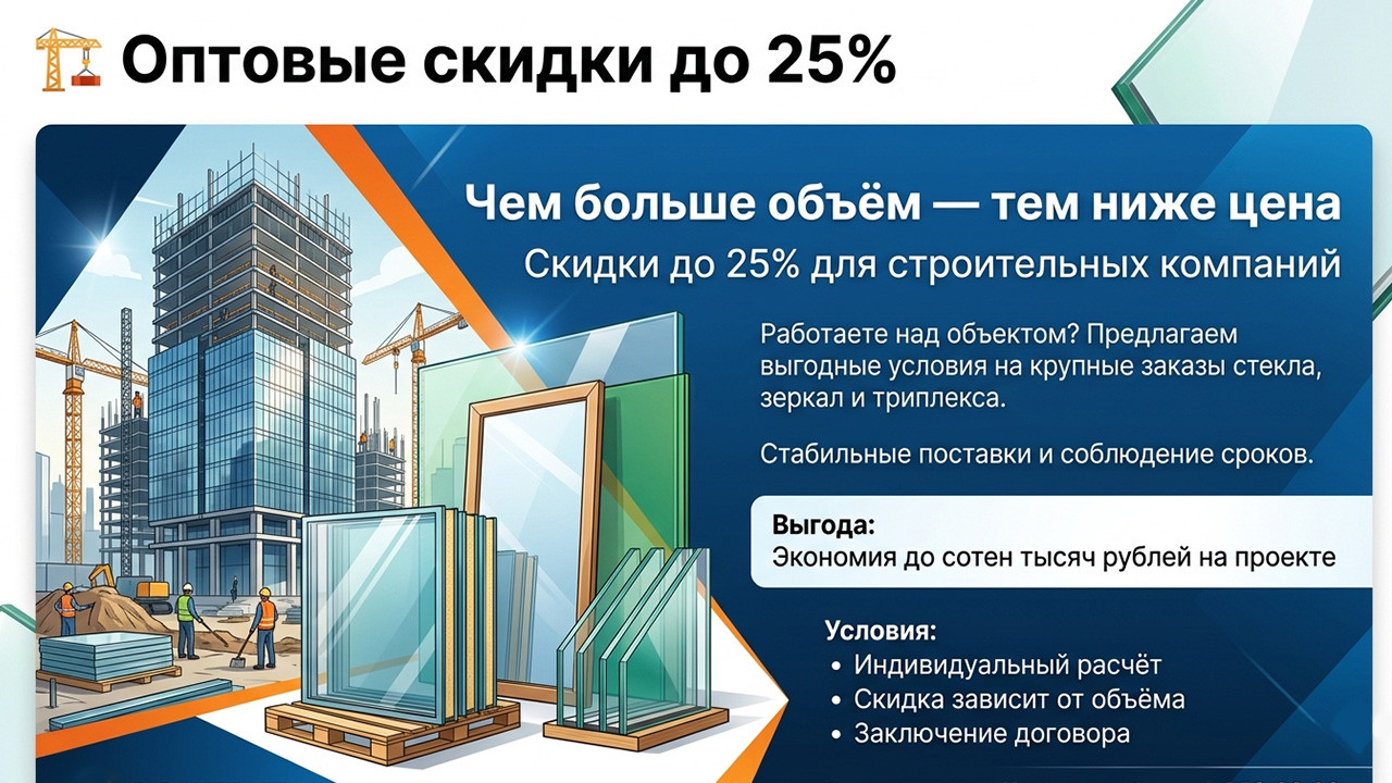 Баннер скидка 25% на оптовую покупку стекла или зеркал